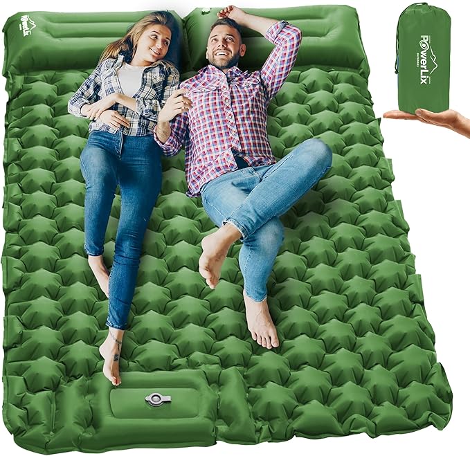 POWERLIX Double Camping Sleeping Pad Camping Pad for 2 Person with Pillow Built-in Foot Pump Inflatable Sleeping Pad for Camping Backpacking Hiking Portable Camping Mattress Green