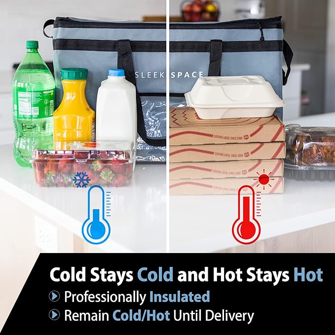 Large Insulated Collapsible Cooler for Hot or Cold Food. Thermal Picnic Lunch Pizza Bag Frozen Food Shopping Tote