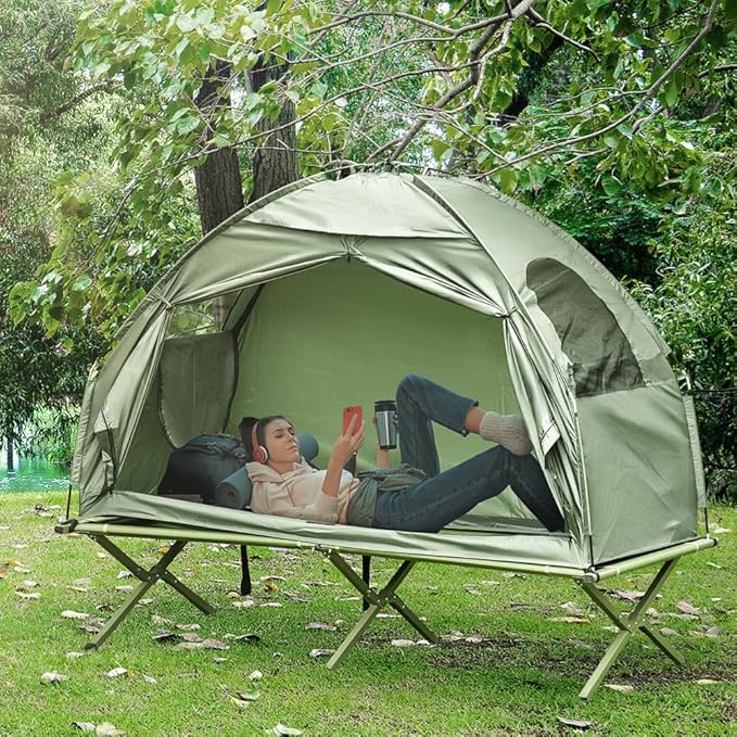 Single Person Elevated Camping Tent Cot Combo: Off-Ground Folding Cot with Attached Weather-Resistant Shelter &amp Carry Bag for Backpacking Hiking and Outdoor Adventures