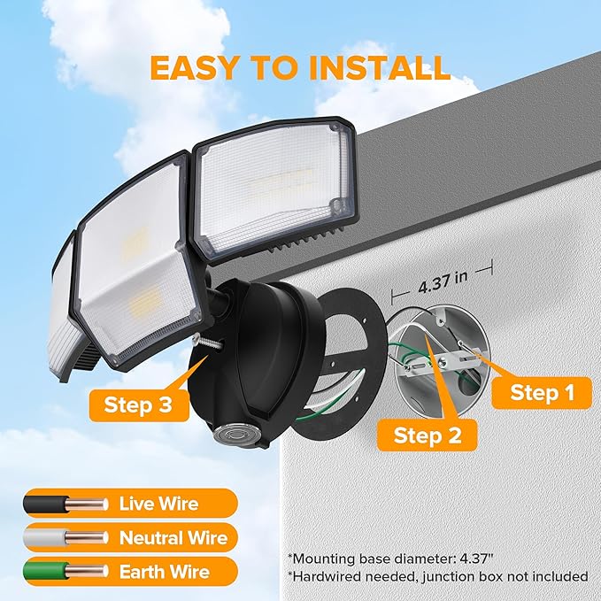 LUTEC 80W Dusk to Dawn Flood Lights Outdoor 9000LM Super Bright LED Security Light with Photocell IP65 Waterproof 5000K Daylight Hardwired 4 Heads Floodlight for Garage Yard (Black)