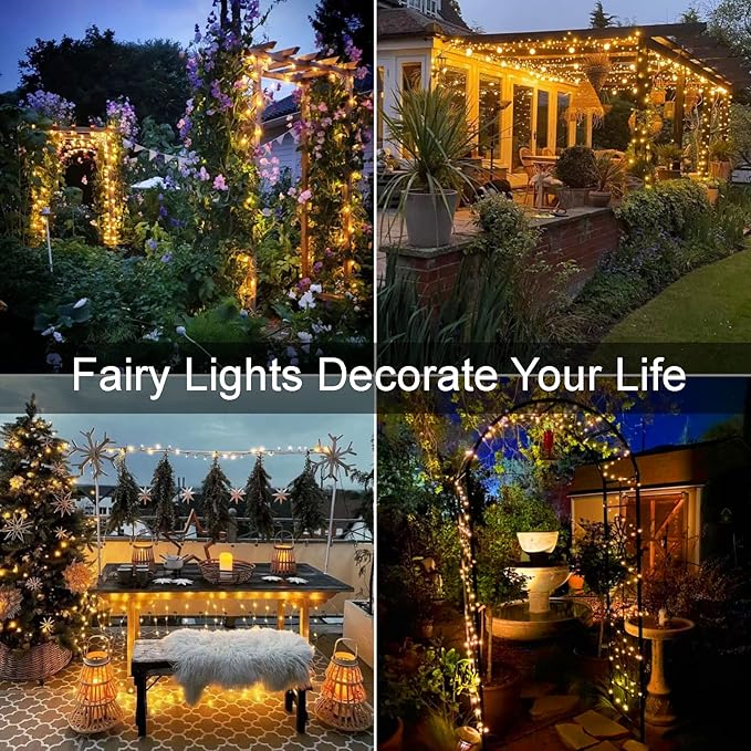 YEGUO 4 Pack Warm White Solar Fairy Lights Each 33ft 100 LED Valentines Lights Outdoor Waterproof 8 Modes Sliver Wire Solar String Lights