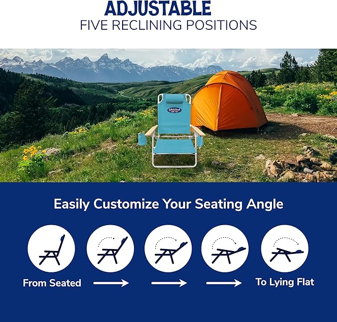 Cabana Beach Folding Beach Chair 5 Position Lightweight Portable Reclining Outdoor Camping Accessories with Headrest Shoulder Strap and Cup Holder Blue