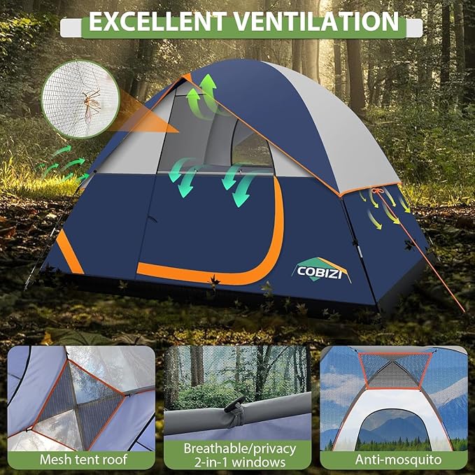 COBIZI Tents for Camping 4 Person Camping Tent with Rainfly and Screen Easy Setup Lightweight Portable Waterproof Outdoor Tent with Carry Bag for Backpacking Hiking Family Travel Dark Blue