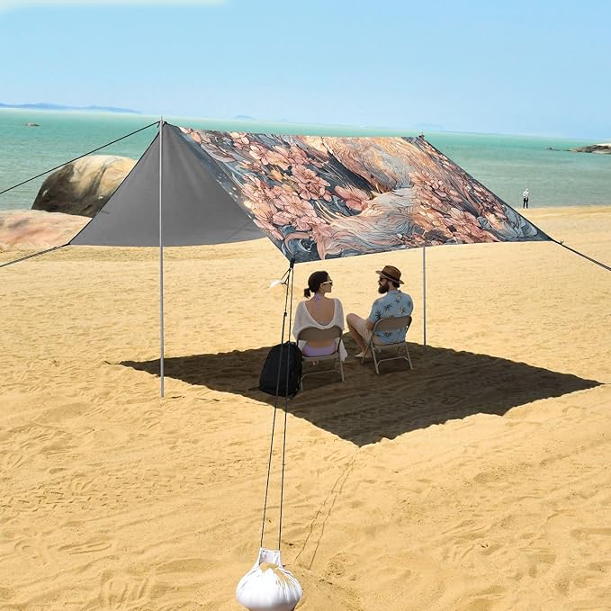 ALAZA Fox Cherry Blossom Beach Tent Sun Shelter UPF50+ Protection Beach Shade Canopy w/ 4 Sandbags for Outdoor Camping Fishing Backyard Fun Picnic 10x9 ft
