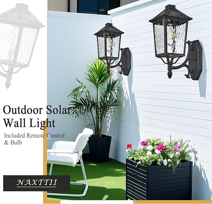 Solar Outdoor Wall Lights 15 Inch Height Dusk to Dawn Solar Sconce Lights Outdoor with Remote Control Black Exterior Porch Lights Wall Mount for House Porch Yard Hallway and Garage