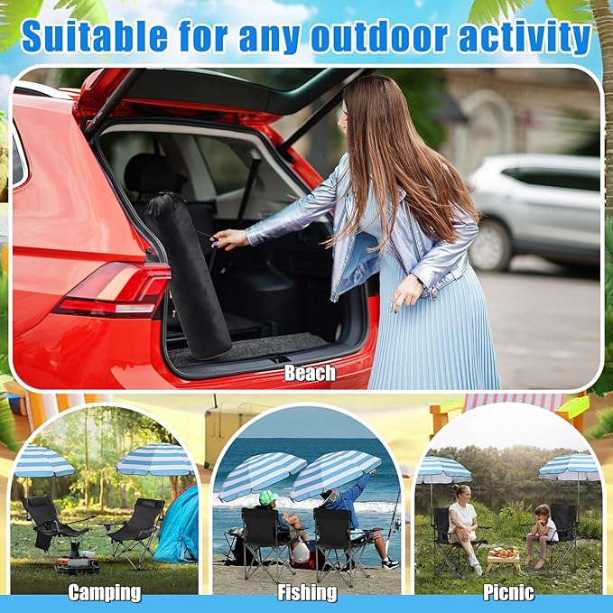 Karenhi 2 Set Beach Camping Chair with Umbrella for Adult Folding Reclining Camping Chair with Foot Rest Adjustable Clamp Canopy Shade for Outdoor Patio Travel Beach(Black)