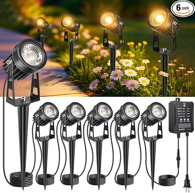 Plug and Play Low Voltage Landscape Lighting Kit 6-Pack Wired Landscape Lights with Smart Transformer Warm White Waterproof Outdoor LED SpotLights for Yard Garden Pathway Tree