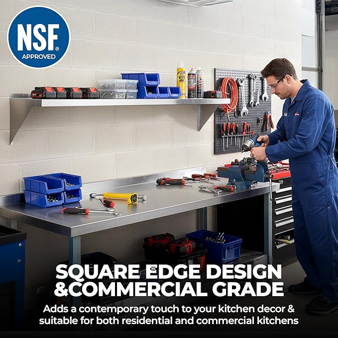 Stainless Steel Wall Shelf | Square Edge | Metal Shelving | Heavy Duty | Commercial Grade | Wall Mount | NSF Certified (12” Width x 30” Length)