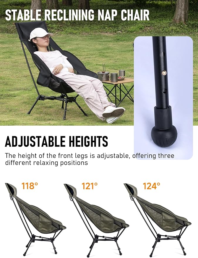 WildCall Lightweight Folding High Back Camping Chair with Head Support Compact Beach Chair with Anti-Sinking Large Feet and Three Tilt Angles Adjustment
