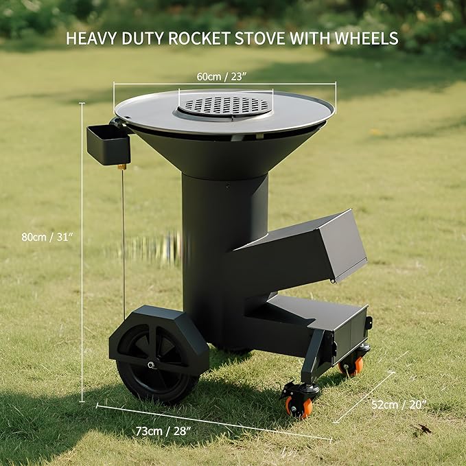 Heavy Duty Rocket Stove with Griddle Grate Wheels Ash Tool &amp Cover Large Wood Stove BBQ Grill for Patio Outdoor Cooking Backyard Camping Beach Tailgating 28x23x31in GS346