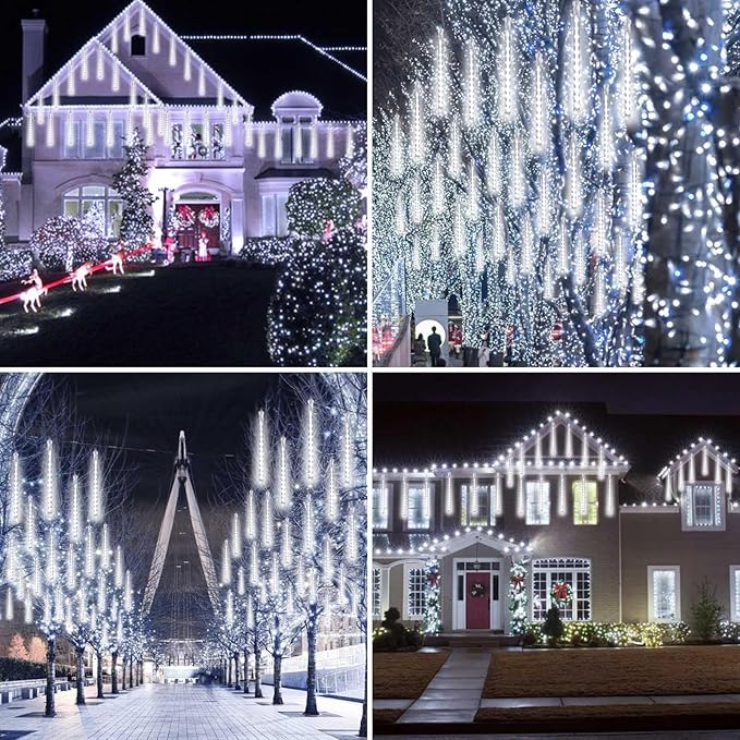 2 Pack Christmas Lights Outdoor Expandable Meteor Shower Lights with Timer Waterproof Falling Rain Light with 16 Tubes 384 LED Plug in Suitable for Garden House Xmas Tree Decorations (Cool White)