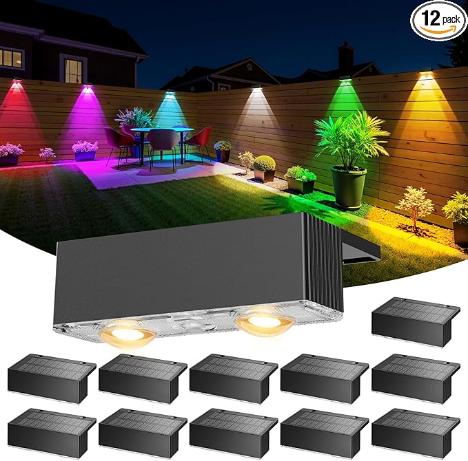 NIORSUN 12 Pack Solar Fence Lights LED Outdoor Lights Warm White + RGB IP45 Waterproof Black