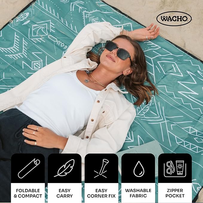 Wacho Waterproof Picnic Blanket – Large Sandproof Outdoor Mat with Carry Bag for Beach Camping Park &amp Travel Foldable Lightweight Easy to Clean &amp Portable Ground Cover for Families
