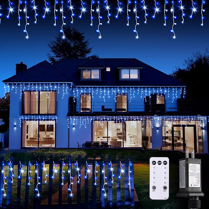 JMEXSUSS Blue&ampWhite Icicle Lights - 38.8FT 400 LED Icicle String Lights with Remote for Indoor/Outdoor House Bedroom Fireplace Birthday Christmas Decorations