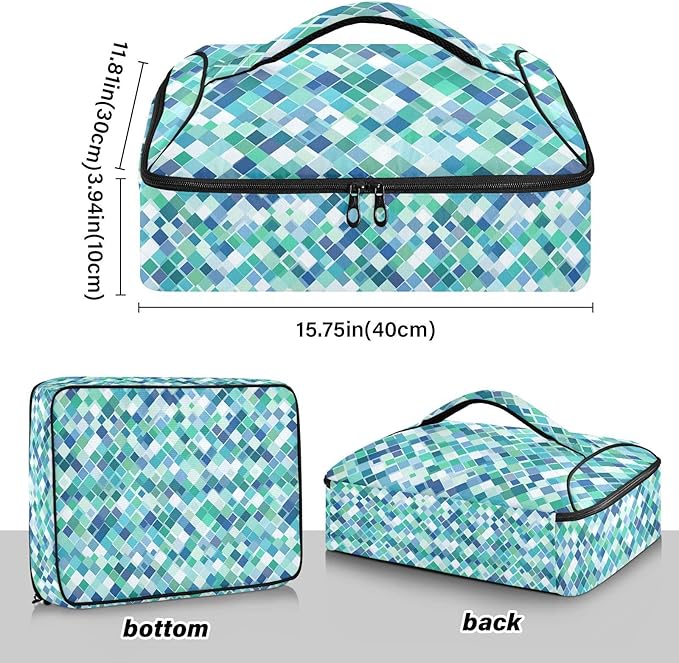 Casserole Carrier Emerald Green SquaresInsulated Casserole Carrier for Hot or Cold Food Thermal Lunch Tote for Potluck Parties Picnic Beach Fits 9 x 13 Inches Baking Dish