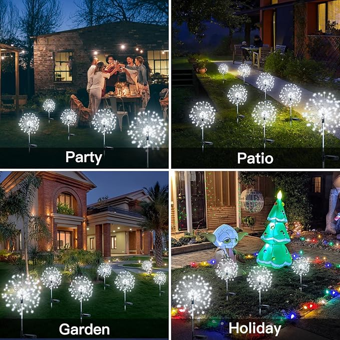 suddus Solar Garden Lights Outdoor Waterproof Decorative 2Pack 150LED Firework Lights Solar Fairy Lights for Yard Garden Party Patio Pathway Flowerbed - White