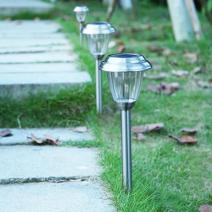 Solar LED Outdoor Lights 8-Pack Stainless Steel Pathway Landscape Lights for Outdoor Path Patio Yard Deck Driveway and Garden (Silver)