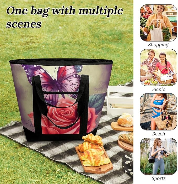 Insulated Shopping BagLarge Reusable Cooler Bags Butterfly And Rose Printed Foldable Shopping BagTravel Waterproof Shoulder Bag