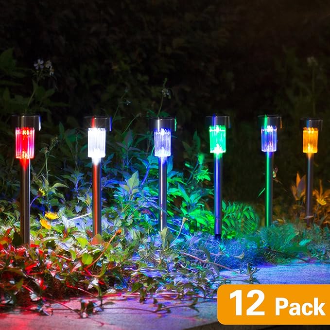 Solar Lights Outdoor - Garden Landscape Pathway Lights for Lawn Patio - Stainless Steel 12 Pack (6 Colors)