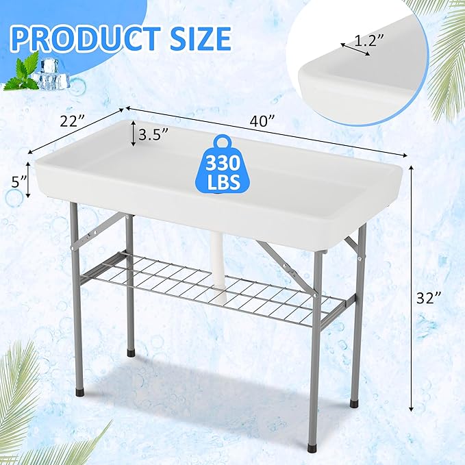 Dragosum Outdoor Cooler Table with Drain Folding Ice Cooler Table with Removable Matching Skirt Portable Table Coolers 4 Foot for Party BBQ Camping Wedding