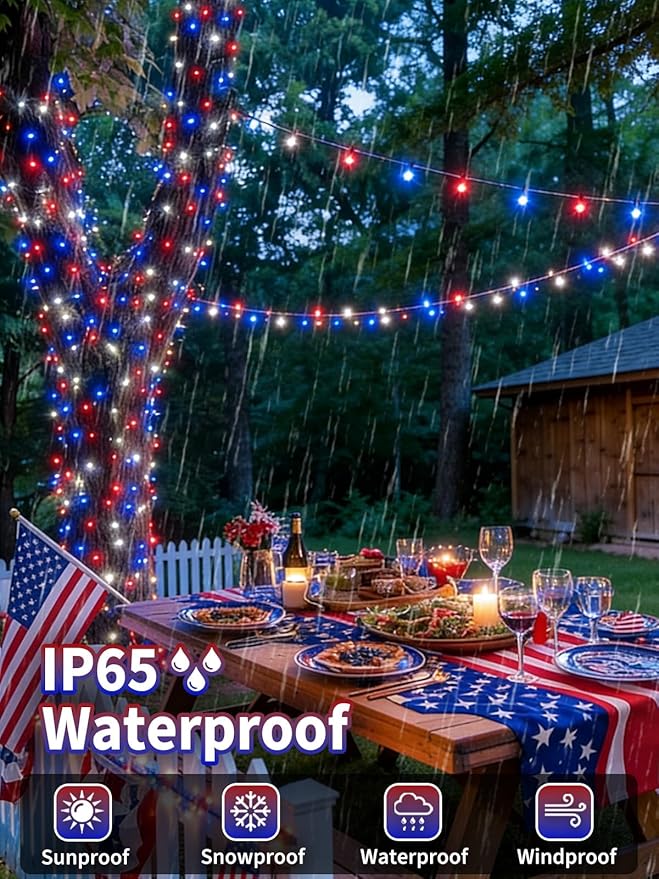 EEW 2 Pack 200 LED Red White and Blue Solar String Lights Outdoor Waterproof Solar Powered LED Patriotic Lights Solar Tree Lights for Independence Day Decor 4th of July Memorial Day Decorations