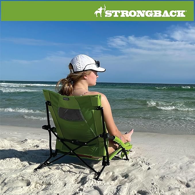 STRONGBACK Low Gravity Beach Chair with Built-in Lumbar Back Support - Heavy Duty Portable Folding Beach Chair for Adults - Lime Green