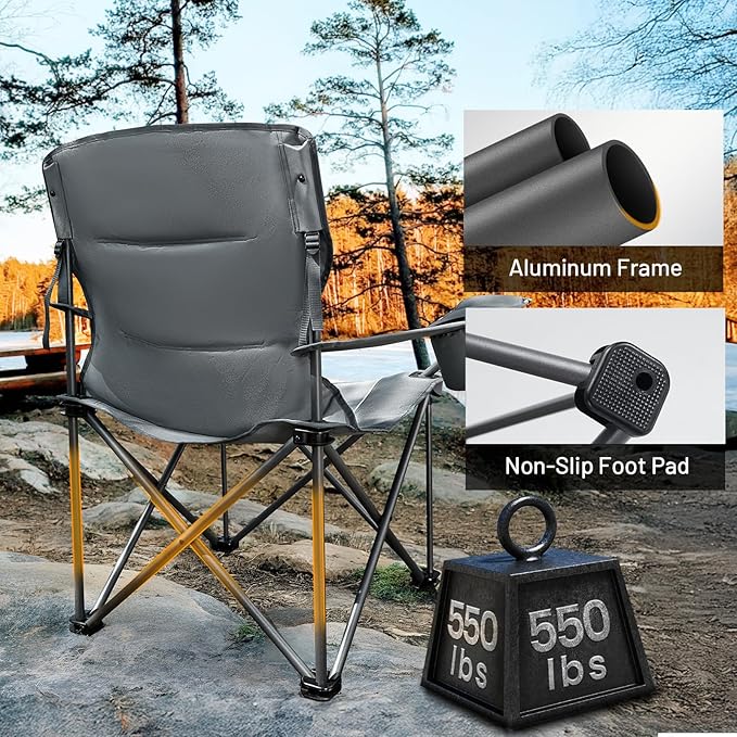 TIMBER RIDGE Oversized Folding Camping Chair for Adults Support 550 LBS Heavy Duty with Cup Holder Side Pocket for Camping Lawn Picnic 2 Pack(Grey)