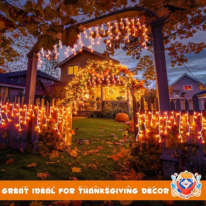 JMEXSUSS Orange Thanksgiving Lights Outdoor 38.8 FT 400 LED Orange Icicle Lights Outdoor Waterproof 8 Modes String Light Plug in for Fireplace Tree Garden Patio Thanksgiving Fall Halloween Decor