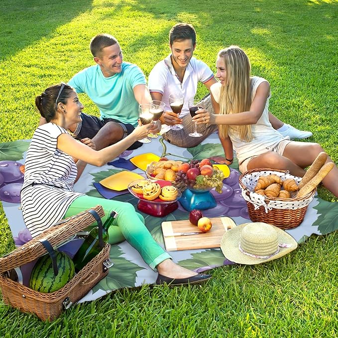 Waterproof Sandproof Beach Blanket 59''×68'' Fruits Grapes Polyester Outdoor Picnic Blanket with 4 Stakes &amp Storage Bag for BeachCampingVacation Purple
