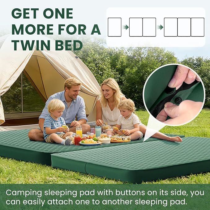 Self Inflating Double Sleeping Pad for Camping with Electric Pump 4 Inch Ultra Thick Memory Foam 2 Person Inflatable Sleeping Pad All Season Full Size Portable Camping Mattress for TravelTent (Green)