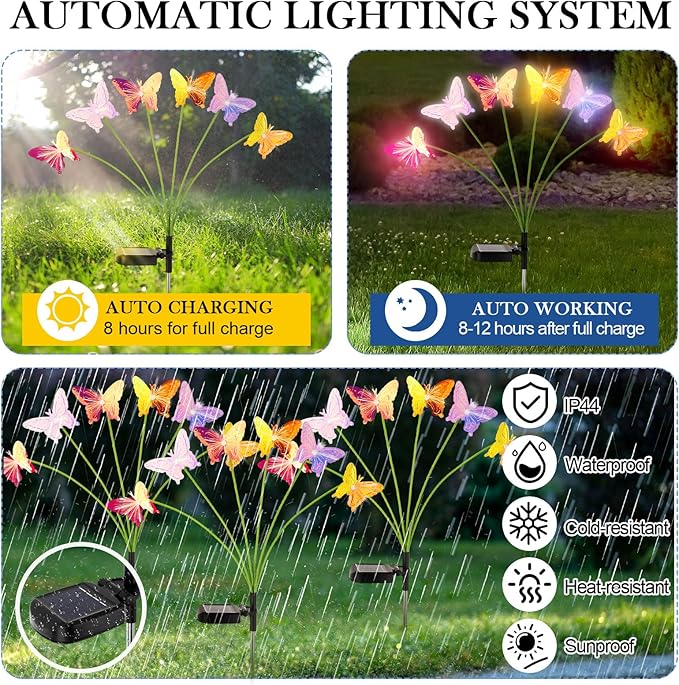 4 Pack Solar Butterfly Lights Outdoor Garden 6 Head Solar Swaying Pathway Stake Lights Waterproof for Yard Lawn Patio Walkway Landscape Decor