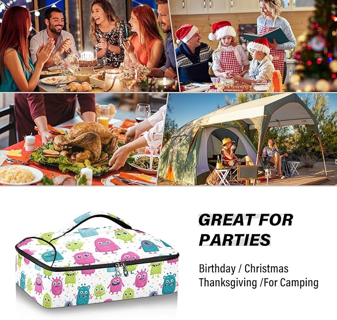 Casserole Carrier Colorful Pattern Cute MonstersInsulated Casserole Carrier for Hot or Cold Food Thermal Lunch Tote for Potluck Parties Picnic Beach Fits 9 x 13 Inches Baking Dish