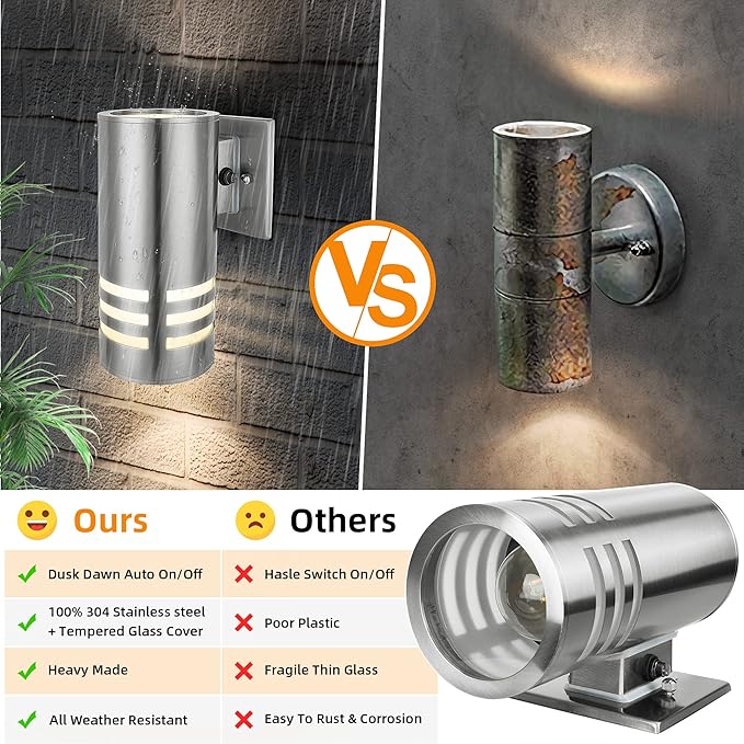 2 Pack Dusk to Dawn Sensor Outdoor Wall Sconce Anti-Rust Waterproof Up Down Wall Mount Lights with Stainless Steel 304 for Porch Patio Garage Doorway (8.7 Height UL Listed No Bulbs)