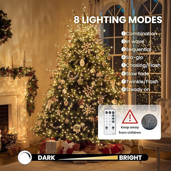 Dailyart Fairy Lights Plug in 2000 Led Twinkle String Light with Remote 130Ft Waterproof 8 Modes Warm Cluster Lights with Timer for Bedroom Wreath Window Wedding Christmas Tree DecorationGold Wire