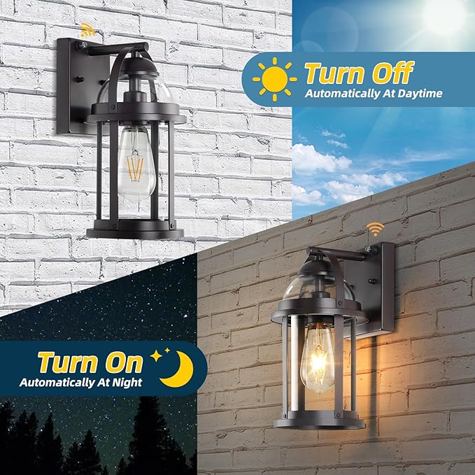OKELI Dusk to Dawn Outdoor Wall Lights Waterproof Lighting Fixtures Rustic Farmhouse Wall Lanterns with Clear Glass Shades Anti-Rust Outside Lights for Garage Patio Porch(Brown 2 Pack)