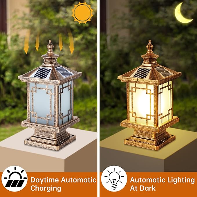 LED Solar Post Light Outdoor Aluminum Fence Post Cap Lamp Remote Control Dimmable Pillar Lights Solar IP65 Waterproof Column Light 15.7 X 7.3 Pillar Pedestal Lantern for Garden Yard