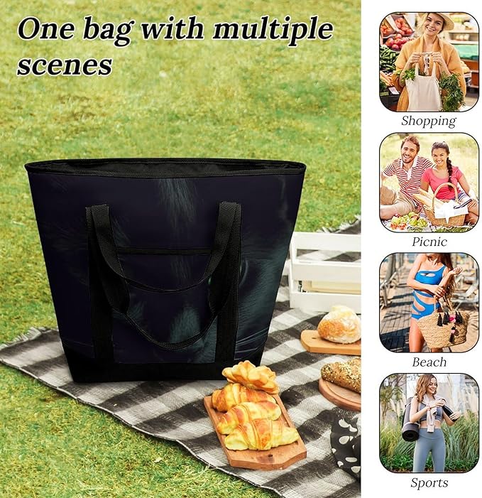 Insulated Shopping BagLarge Reusable Cooler Bags Black Cat Green Eyes Printed Foldable Shopping BagTravel Waterproof Shoulder Bag