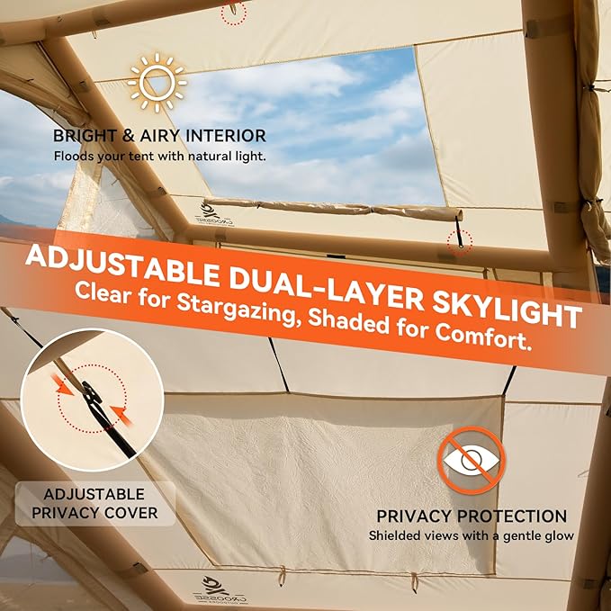 4 Person Inflatable Tent with Stove Jack &amp Canopy 4 Season Glamping Air Tent with Panoramic Skylight AC &amp Power Port Waterproof Blow Up Tent House for Camping Easy Setup