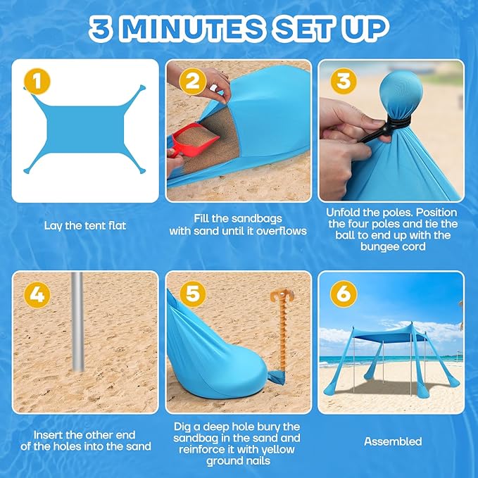 Beach Tent Canopy UPF50+ Protection 10x10FT Beach Shade Sun Shelter Pop Up with 4 Stability Poles Sandbags Sand Shovels Ground Pegs Carrying Bag for Outdoor Family Camping Fishing Picnics