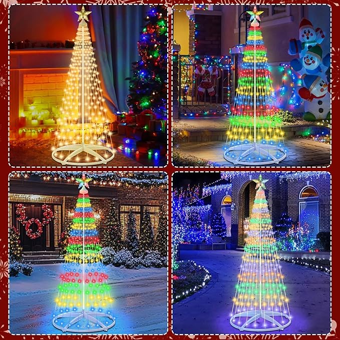 6ft Solar Powered Christmas Cone Tree Lights with Star Topper Outdoor Christmas Tree with 11 Modes Timer Remote Dimmable Waterproof for Yard Holiday Christmas Decoration Warm White &amp Multicolo
