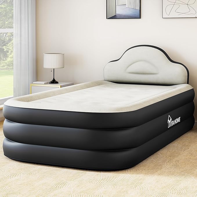 YITAHOME Twin XL Size Air Bed with Integrated Pump and Headboard 18-inch Blow-Up Mattress Including Extra Inflation Valve Carry Bag and Repair Kit Ideal for Travel Camping and Guest (Black)