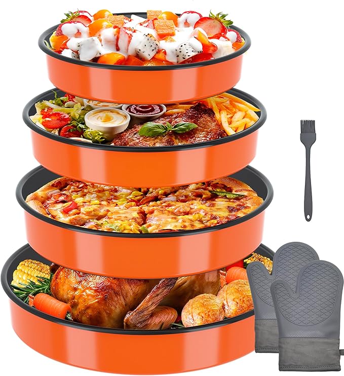 Round Enamel Roasting Pan Set Bakeware 4 Pack Cake Pizza Baking Dish 9/10/12/14 Inch Non-Stick Heat Resistance Chicken Roaster Oven Dishwasher Safe Valentine Mother's Day Gift Cookware