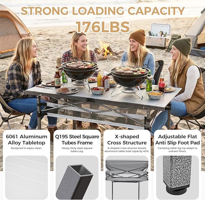 KingCamp Folding Camping Table Aluminum Roll-Up Camp Table Large Foldable Table for 4-6 Person Outdoor Portable Tables with Carry Bag 180 LBS Heavy Duty Load (Silver+Mesh：53.5 × 27.5)