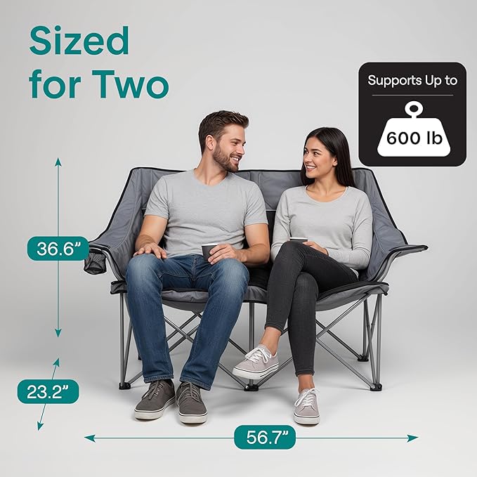 Camping Loveseat for Couples Friends &amp Families Double Camping Chair Foldable Two Person Camping Chair for Campfire Nights Tailgating Fun Beach Escapes RV Road Trips &amp Cozy Backyard Comf