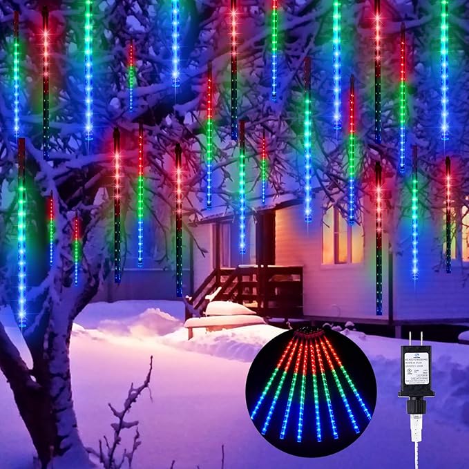 Minetom Meteor Shower Lights Outdoor 16 Inch 24 Tubes 864 LED Icicle Lights Waterproof Meteor Christmas Light Outdoor Falling Rain Light for Tree Bushes Holiday Christmas Decoration Multicolor