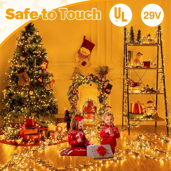 Ollny Cluster Lights Christmas 400LED 20FT Warm White Christmas Tree Lights 8 Modes Timer Remote Waterproof Connectable String Lights for Outdoor Indoor Outside Garland Xmas Decorations