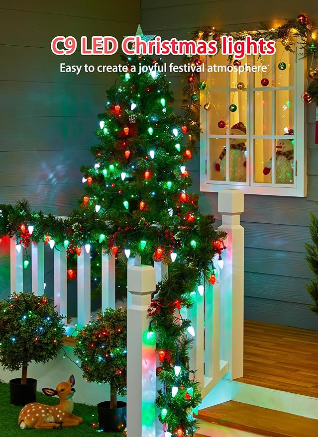 C9 LED Christmas String Lights - 82ft 100 LED Outdoor String Lights with Timer and 8 Lighting Modes Plug in Extendable Roofline Lights String for Outside Yard Porch Christmas Holiday Decoration