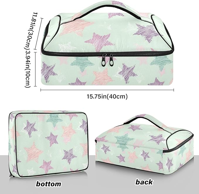 Casserole Carrier Green Stars PatternInsulated Casserole Carrier for Hot or Cold Food Thermal Lunch Tote for Potluck Parties Picnic Beach Fits 9 x 13 Inches Baking Dish