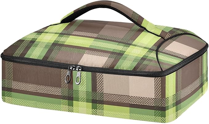 Casserole Carrier Green Brown Tartan Plaid Insulated Casserole Carrier for Hot or Cold Food Thermal Lunch Tote for Parties Picnic Travel Carry Bag