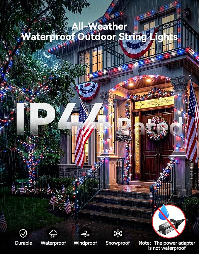 LitHome 99FT 300 LED Red White and Blue Lights Outdoor Waterproof 8 Modes Patriotic Lights Plug in Green Wire 4th of July Decoration String Light with Timer for Independence Day Tree Holiday Party